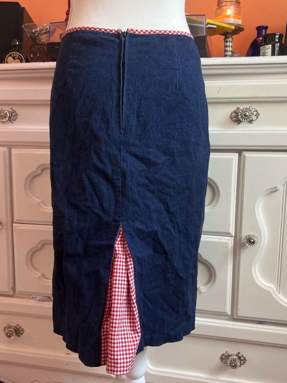 Blue Asphalt Dark Blue Denim Pencil Skirt with Red Gingham Inset